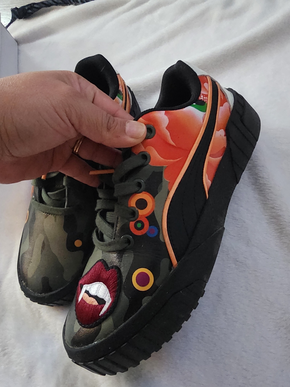 Puma Women's Camo Platform Sneakers with Orange Floral & Red Lip Patch